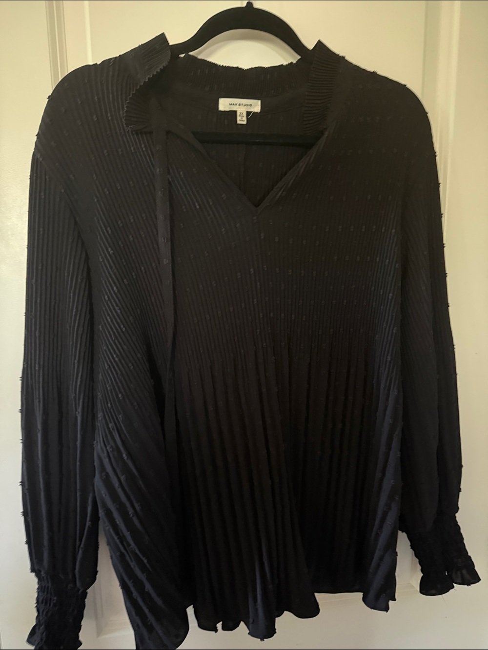 Max Studio Black Textured Pleated V-Neck Blouse